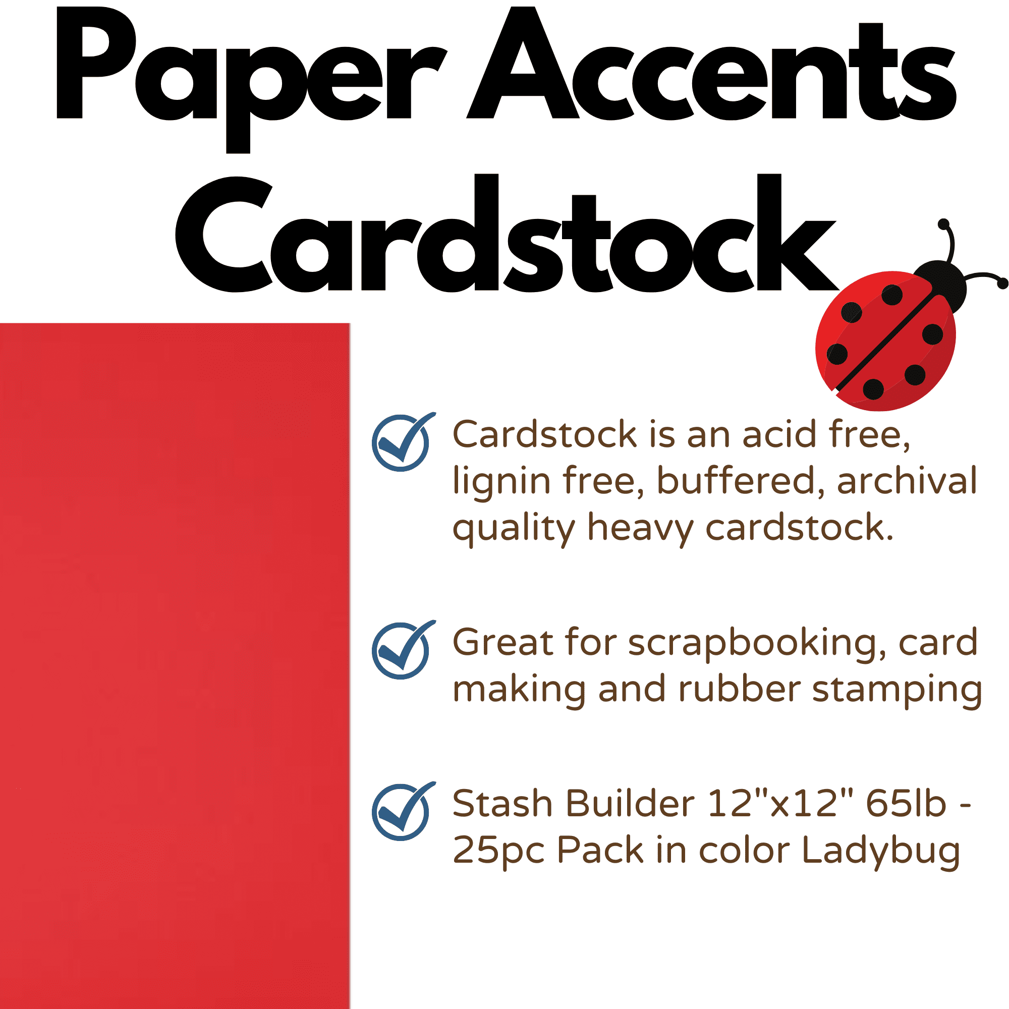 PA Paper Accents Smooth Cardstock 12” x 12” Ladybug, 65lb colored cardstock paper for card making, scrapbooking, printing, quilling and crafts, 25 piece pack
