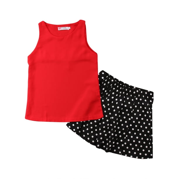 Conjunto de falda y camiseta sin mangas de gasa de color puro de vacaciones de verano para niñas Conjunto de gasa XBTCLXEBCO Rojo, 5-6 años