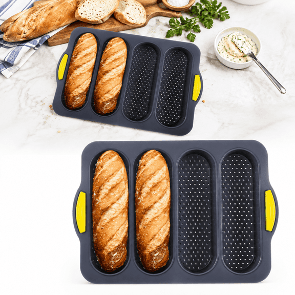 4-Cavity Silicone Bread Loaf Pan, Nonstick Baguette Baking Pan, Heat Resistant Bagette Bread Pan, Hot Dog Bun Pan, Bread Mold for Baking, Bread Making Essentials for Sourdough, Hoagie Rolls, Sandwich