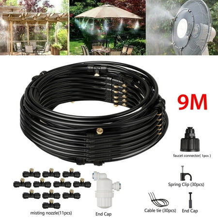 EEEKit Outdoor Misting Misters Cooling System 30FT (9M) Misting Line + 11 Brass Mist Nozzles + Faucet Connector Patio Misting system for Patio Fan Garden Greenhouse Misting,Trampoline for