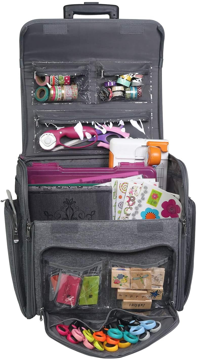 Everything Mary Wheeled Scrapbook Tote for Scrapbooking & Art Glue Travel Organizer Storage Bin for Paper Tape Black/Floral 