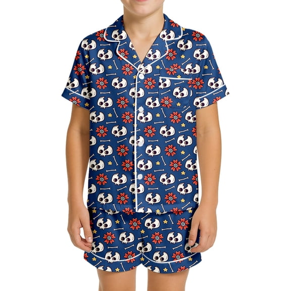 Pajamas for Boys Halloween Theme Short Sleeve Collared Shirt Shorts 2 Piece Comfortable Kids Halloween Pajamas Size 2-3Y