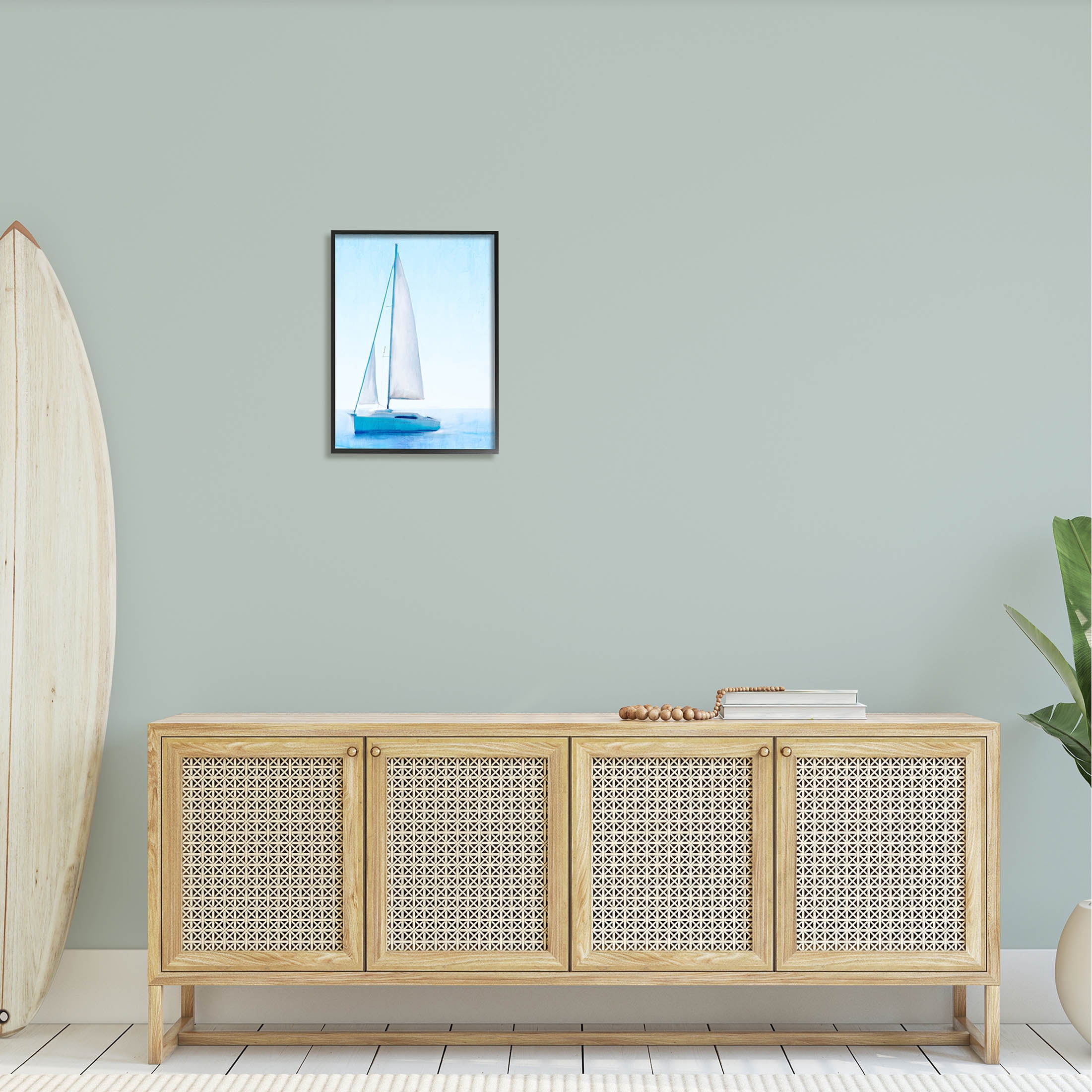 Stupell Industries Sailboat Drifting Blue Ocean Sky Graphic Art Black Framed Art Print Wall Art, Design by Kim Allen