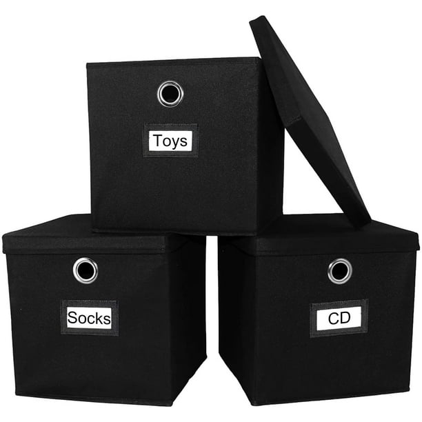 Foldable Storage Bins,Storage Cubes Organizer with Lid with Handles,Non  Woven Fabric Storage Boxes, 3-Pack, Black. 