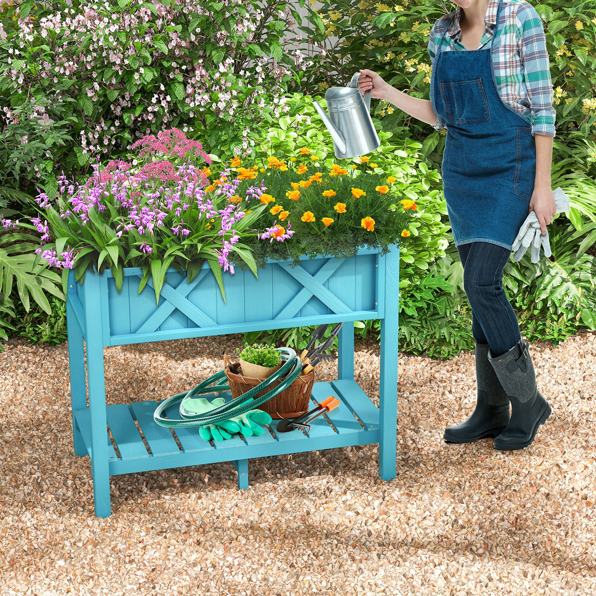 Gymax HIPS Raised Garden Bed Poly Wood Elevated Planter Box w/ Legs & Storage Shelf Blue