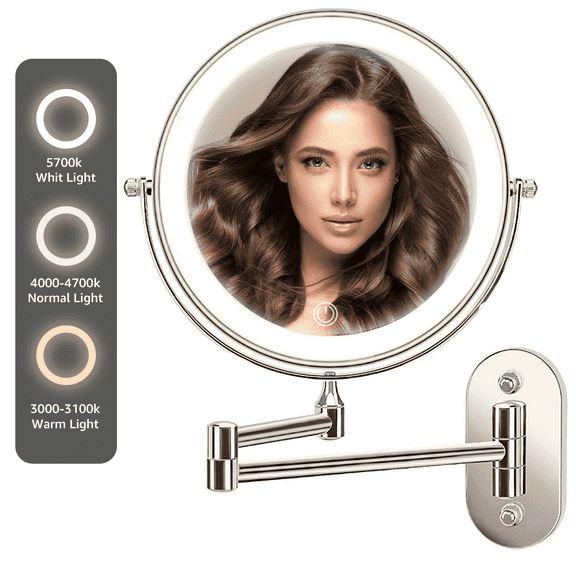 Rechargeable LED Lighted Wall Mount Makeup Mirror with 3 Color Lighting, 360° Swivel, Extendable Arm, Magnifying Vanity Mirror