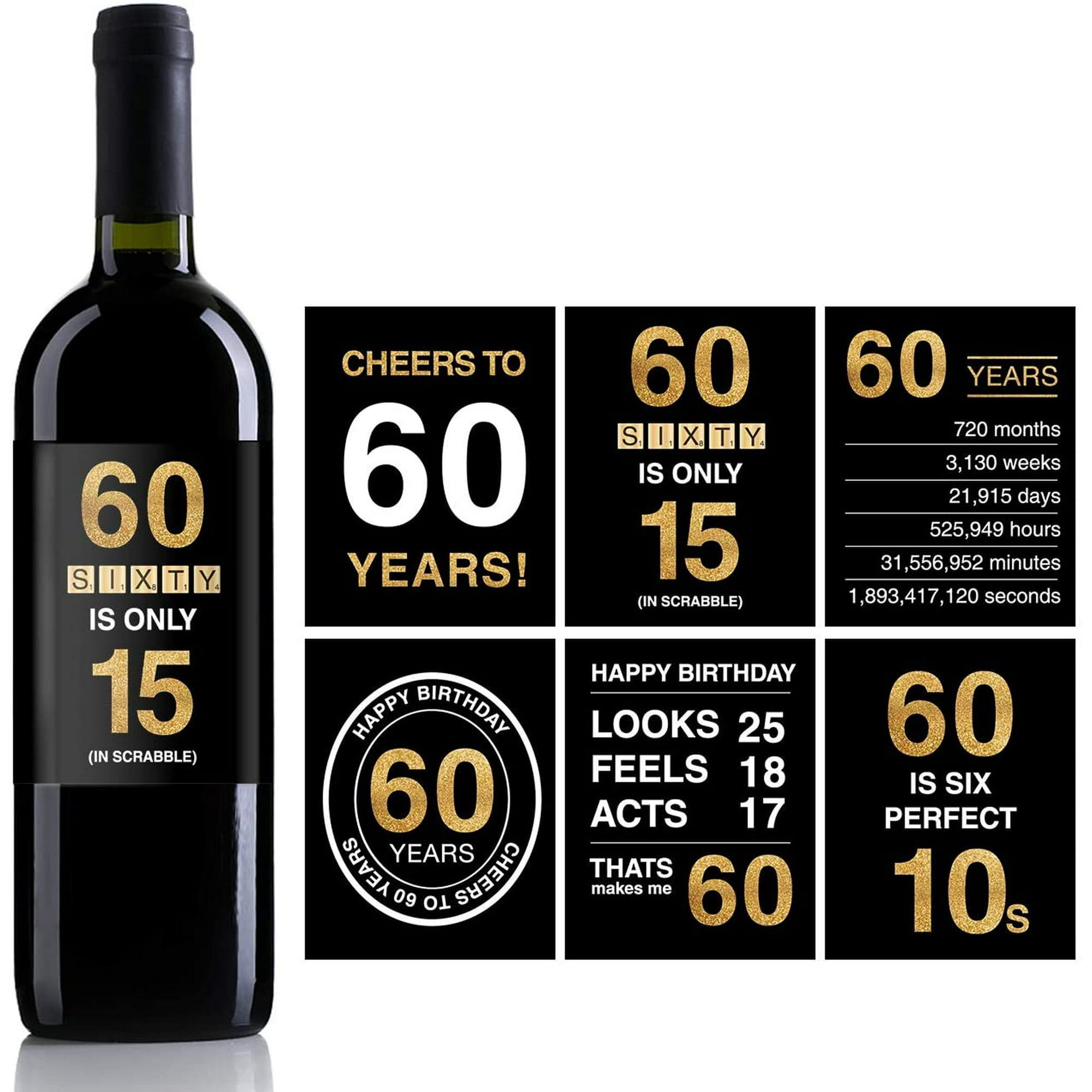 60th Birthday Wine Bottle Labels or Stickers Present,1958 Birthday Gifts for Men or Women,60th Birthday Decorations,Funny Sixty Black Gold Party ...