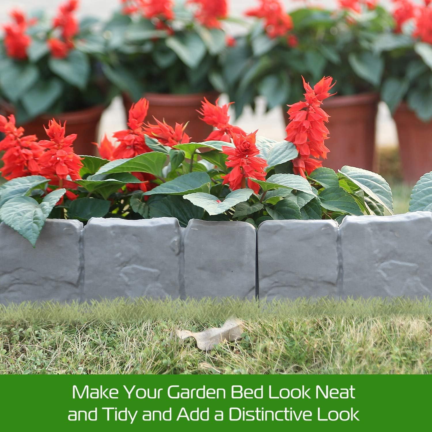 20PC Stone-Look Garden Edging Kit (16ft) - Interlocking Landscape Borders with Stakes | Dig-Free UV-Resistant Lawn & Flower Bed Barrier