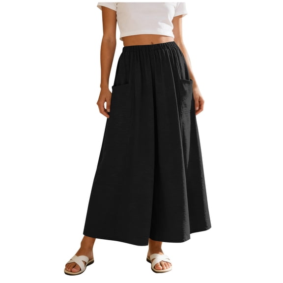 Virmaxy Women's Casual Solid Color Long Skirt with Pocket Elastic Waist Loose Ankle Length Maxi Skirt for Daily Wear and Vacation