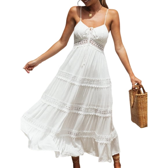 Women'S Boho Crochet Lace Maxi Dress Solid Color Summer Vacation Spaghetti Strap Long Dress White M