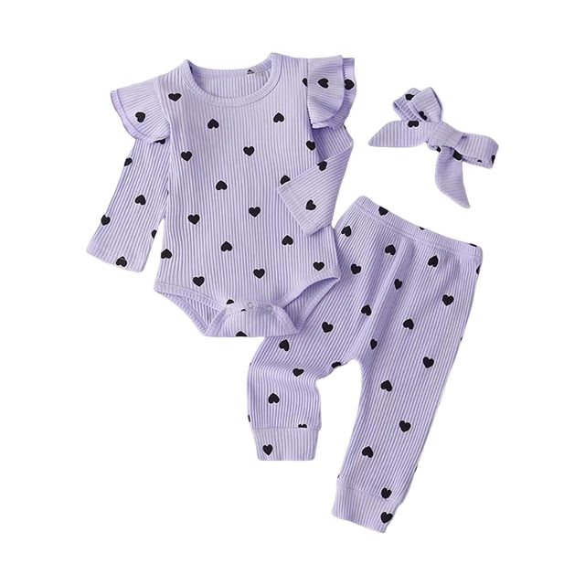 Niña Bebé Manga Larga Romper Ropa Recién Nacido Corazón Impresión Ruffle Pantalones Banda de Cabeza Conjunto Traje de Traje para Niños Pequeños