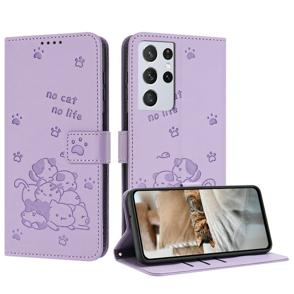 Flip Case for Samsung Galaxy S21 Ultra PU Leather Wallet Case with Card Slots Magnetic Clasp Stand Function Cover Lovely Embossed with Wrist Strap Soft Inner Case for Galaxy S21 Ultra - Purple