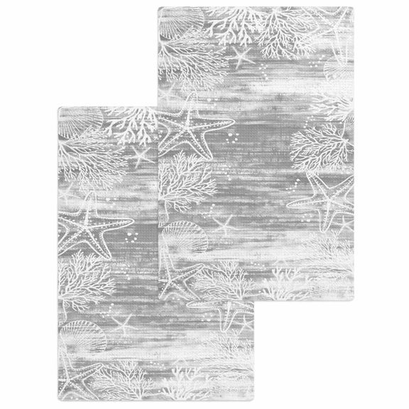 Grey Coastal Kitchen Dish Towels for Drying Dishes Set of 2, Summer Ocean Sea Ombre Starfish Corals Waffle Weave Microfiber Hand Tea Bathroom Towels Quick Dry & Absorbent Towel 15.7x23.6