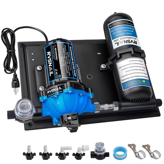 RVSNAIL 110V 5‑Chamber RV Water pump Kit with Accumulator Tank, 7.5 GPM 80 PSI Self‑Priming Ultra‑Quiet Diaphragm Pump for RV Boat Caravan