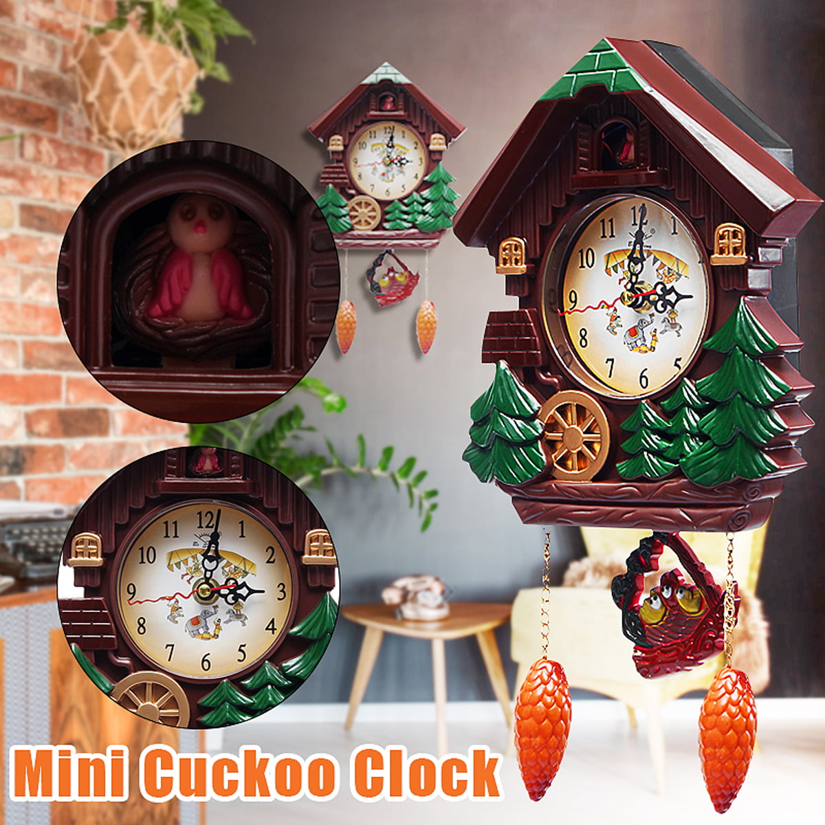Vintage Wood Cuckoo Clock Wall Room Decor Cartoon Forest House Swing Clock 