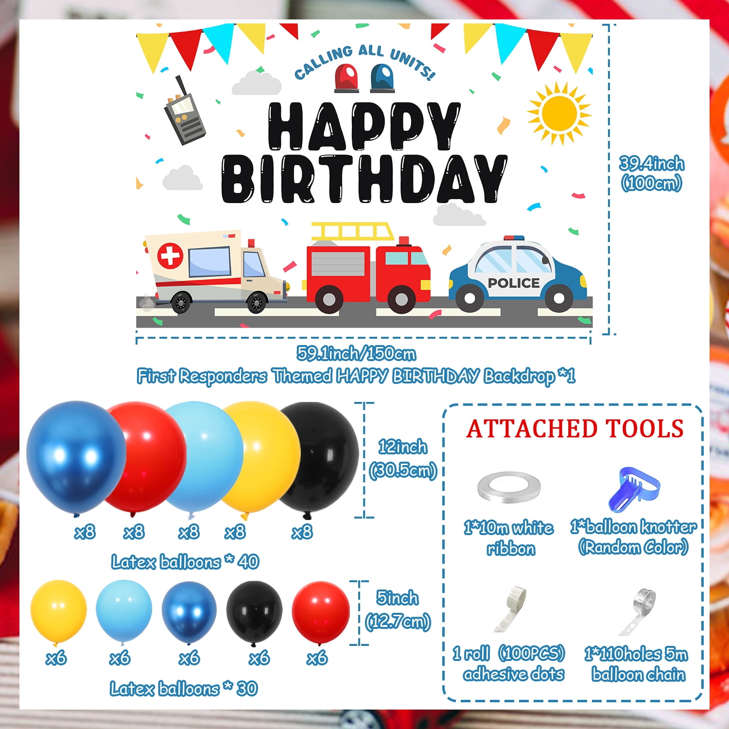 75Pcs First Responders Birthday Party Decor, Emergency Rescue Team Party Decor with Calling All Units Backdrop Blue Red Yellow Balloon Garland Arch Kit for Ambulance Fire Truck Police Party Supplies