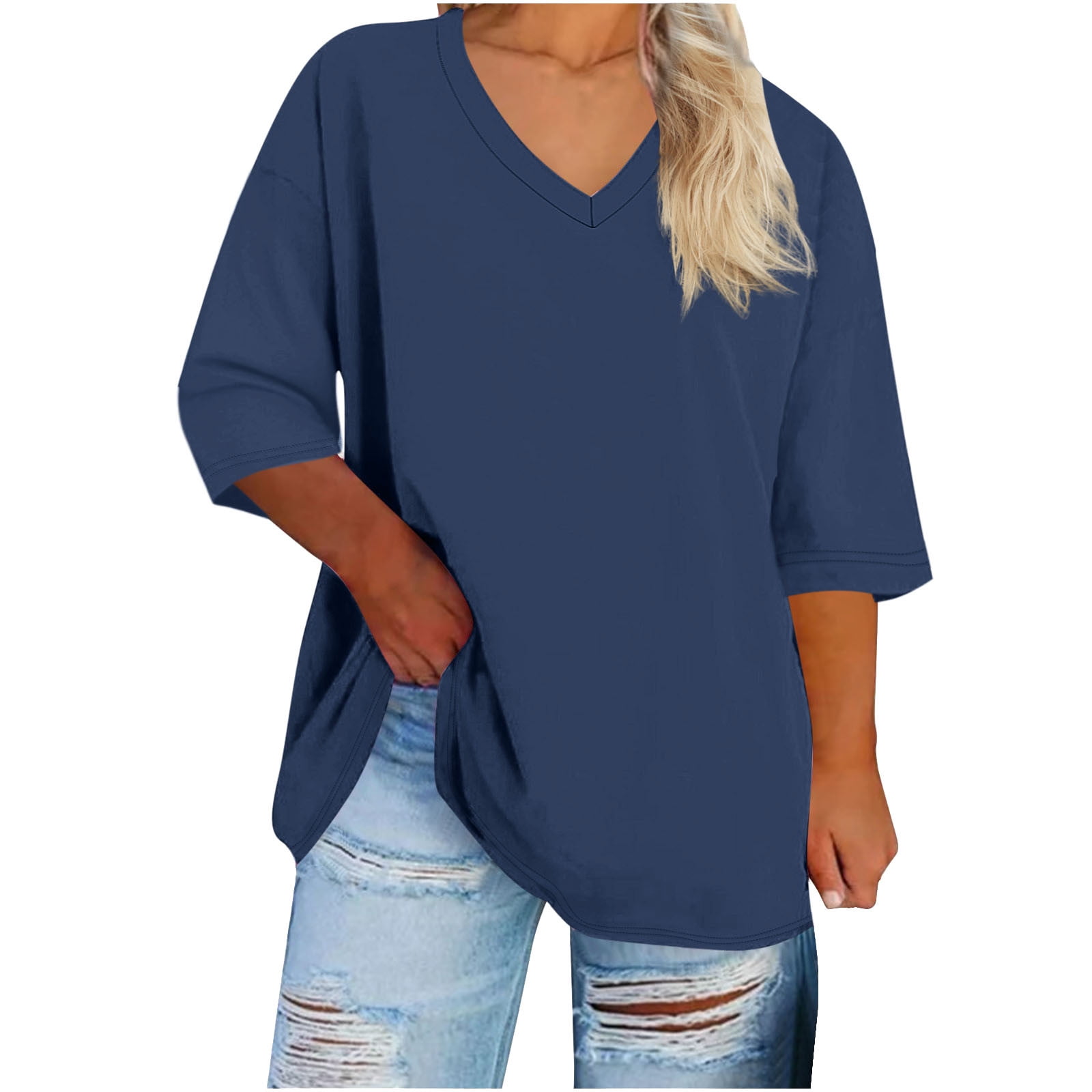 2 Pack 3/4 Sleeve Tops for Women Plus Size XL-5X V Neck T Shirts Womens Casual Solid Color Loose Pullover Breathable Basic Athletic Workout Tees Top