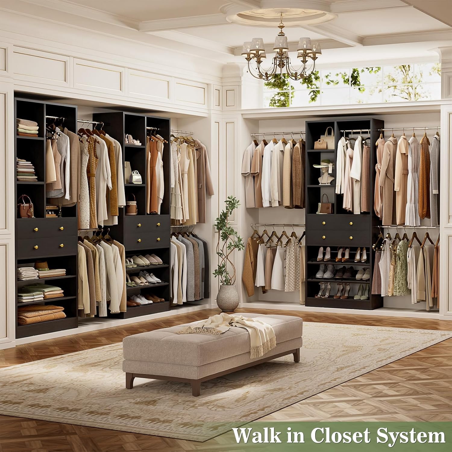 Homieasy Closet System, 2.4–8.8 FT Closet Organizer System with 2 Drawers, 5 Hanging Rods and Shoe Racks for Walk-in Closet, Bedroom, Black
