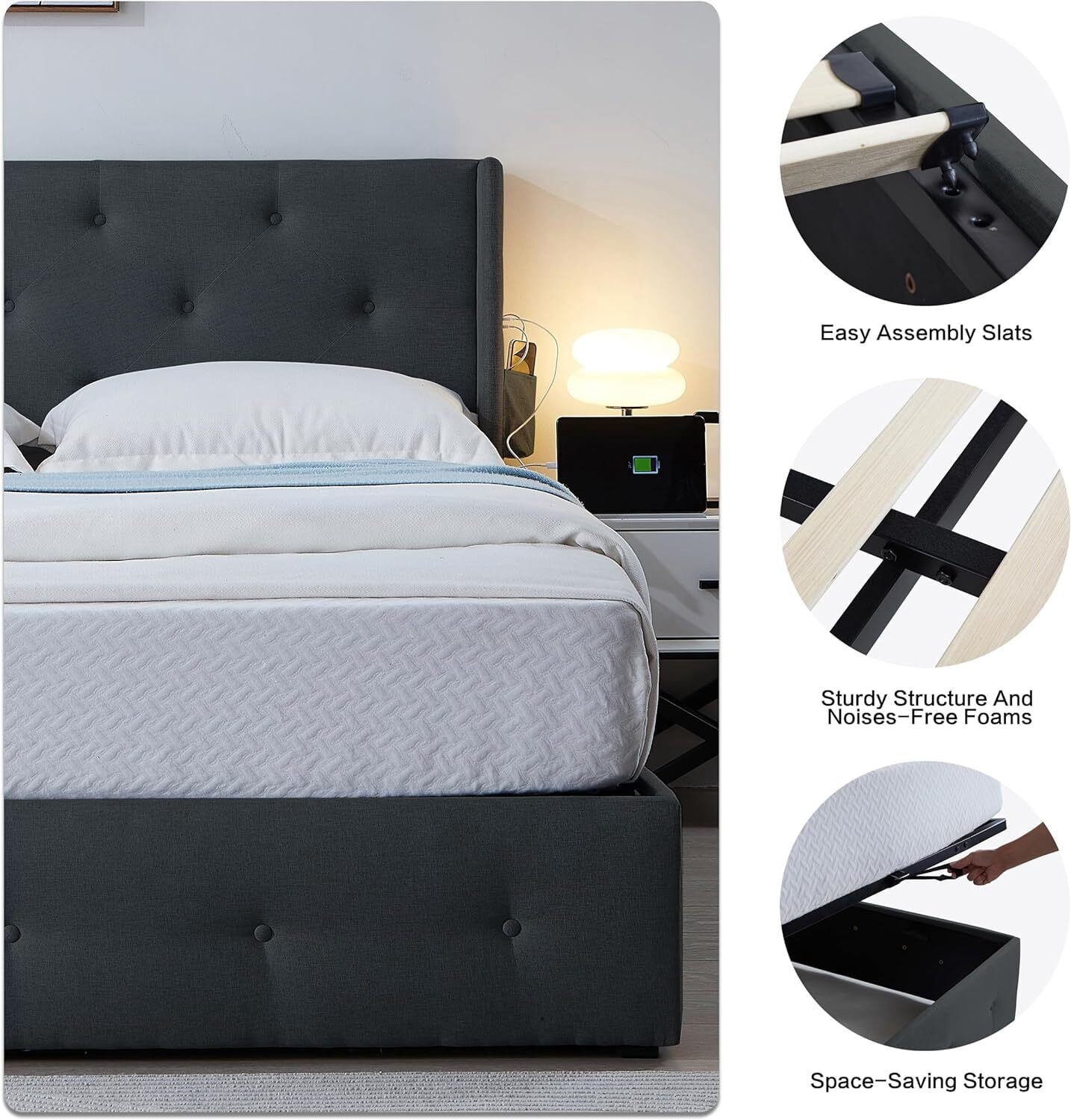 Euroco Full Size Platform Bed with Lift Up Storage and USB Charing Station, Modern Storage Bed with Wingback Headboard, Grey