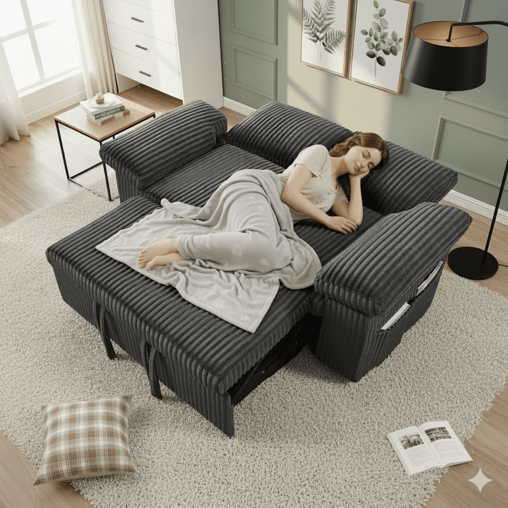3 in 1 Convertible Sleeper Sofa Bed, 60" Pull Out Couch with Adjustable Backrest, Corduroy Loveseat Sofa Couch with Side Pockets for Living Room Bedroom Apartment Small Space (Dark Grey)