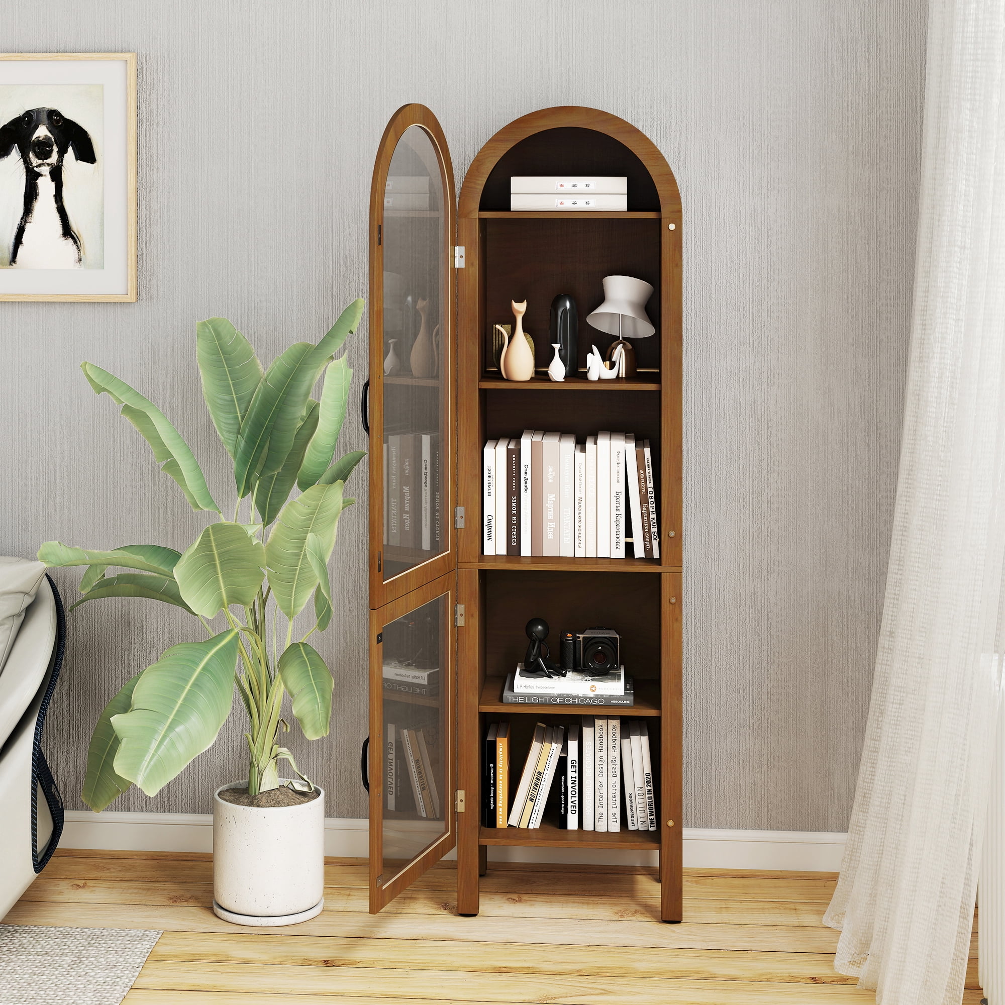 Tall Arched Storage Display Cabinet 5-Shelf with Acrylic Glass Doors, Kitchen Pantry Storage Cabinet Accent Cabinet Bookcase for Living Dining Room