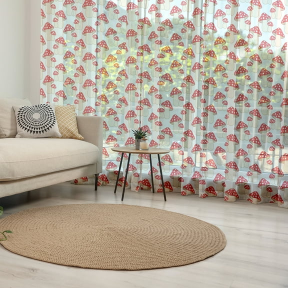 Mushroom Tulle Curtains with Rod Pocket, Cartoon Style Amanita Mushrooms Dotted Forest Plants Summer Nature Design, Sheer Drape for Wedding Party 2 Panels, 7 Sizes, Cream Red, by Ambesonne