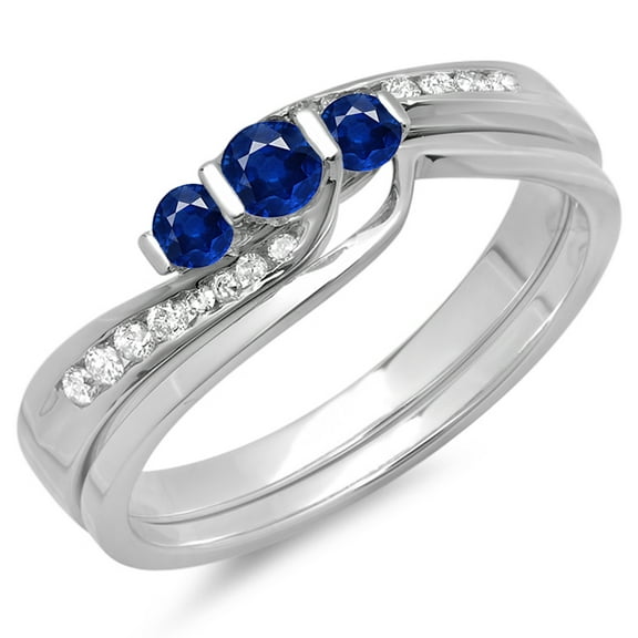 Dazzlingrock Collection 14K Round Blue Sapphire & White Diamond Swirl Bridal 3 Stone Ring Band Set, White Gold, Size 9.5