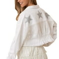 thumbnail image 3 of Womens Cropped Sparkling Rhinestone Fringe Jean Jacket Glittering Star Denim Jacket, 3 of 3