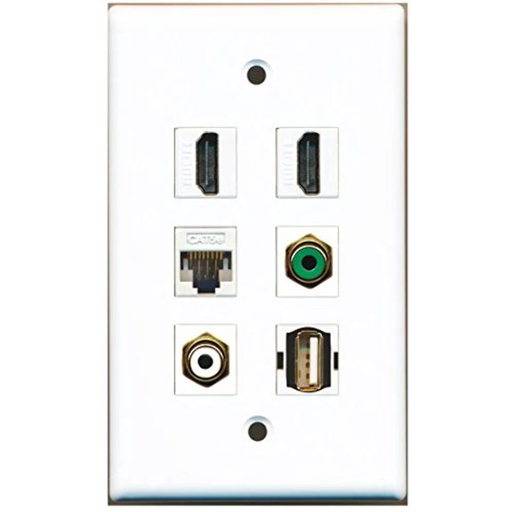 RiteAV - 2 HDMI 1 Port RCA White 1 Port RCA Green 1 Port USB A-A 1 Port Cat5e Ethernet White Wall Plate