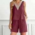thumbnail image 2 of Short Sets for Women Summer Casual Two Piece Outfits Cotton Linen Crochet V Neck Tank Tops with Wide Leg Shorts Set (X-Large, Wine), 2 of 6