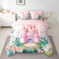 thumbnail image 3 of Feelyou Kawaii Pink Castle Twin Bedding Sets 7-Piece for Girl, Dreamy Fairy Tale Bedding Comforter Set, Spring Flower Floral Reversible Sheet Sets, Microfiber Bedroom Decor, 3 of 8