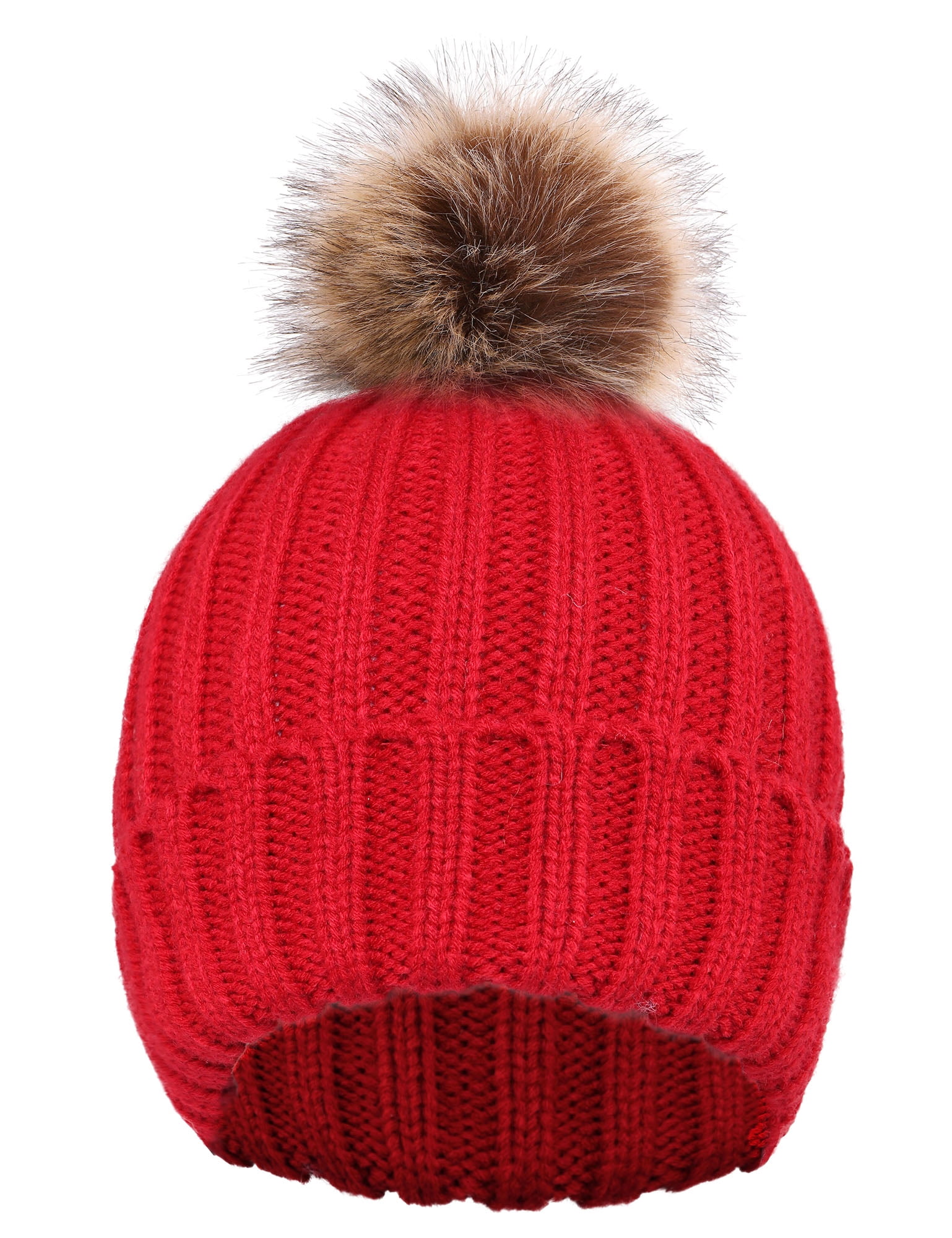 BASILICA Cute Fluffy Fur Pompom Knit Winter Beanie Hat,Burgundy