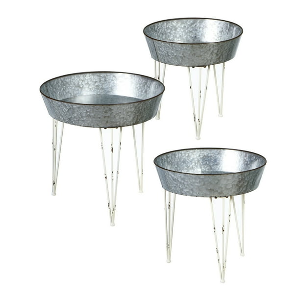 CBK 3 Piece Set Round Galvanized Plant Stand With Distressed White Legs