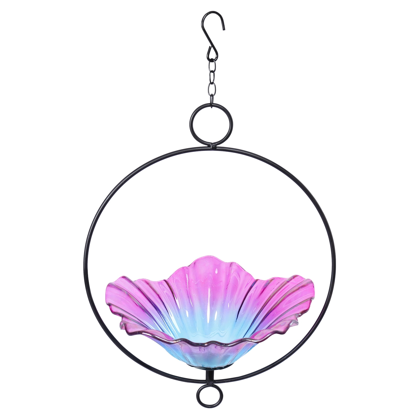 Outdoor Bird Bath,Hanging Glass Bird Bath Feeder with Metal Ring Frame–Colorful Flower-Shaped Birdbath,for Garden,Yard,Outdoor Decor