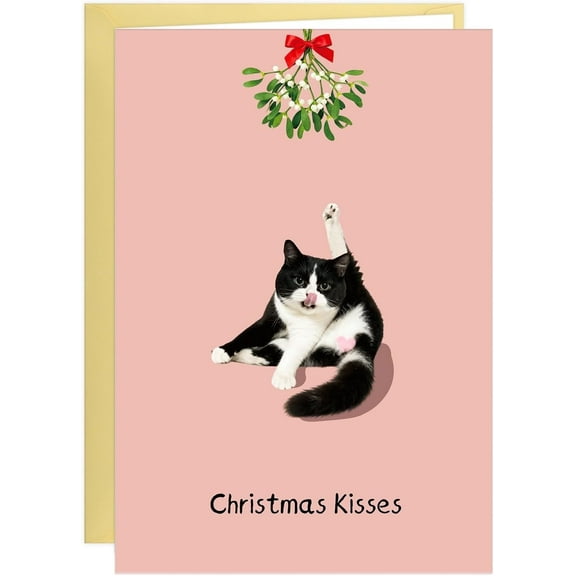WaaHome Funny Cow Cat Christmas Cards - 5.5x8 Inch Funny Xmas Card with Envelopes Christmas Kisses Holiday Gift for Cat Lovers