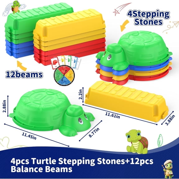 16 Pcs Balance Beam and Stepping Stones for Kids - 4 Turtle Shape Stepping Stones and 12 Connectable Beams with Sound Feature,Color Spinner, Riddle Cards, Fun Balance Training and Obstacle Course