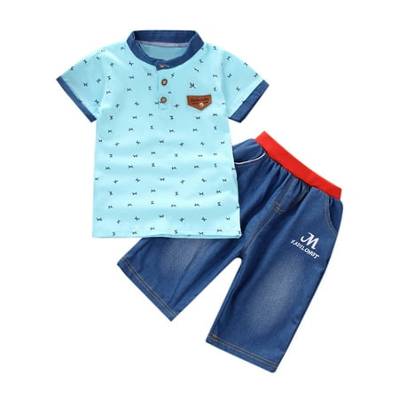 

EHTMSAK Infant Baby Toddler Children Boy Short Sleeve Summer Clothing Set Outfits T Shirts and Shorts Set Blue 3M-4Y 90/S