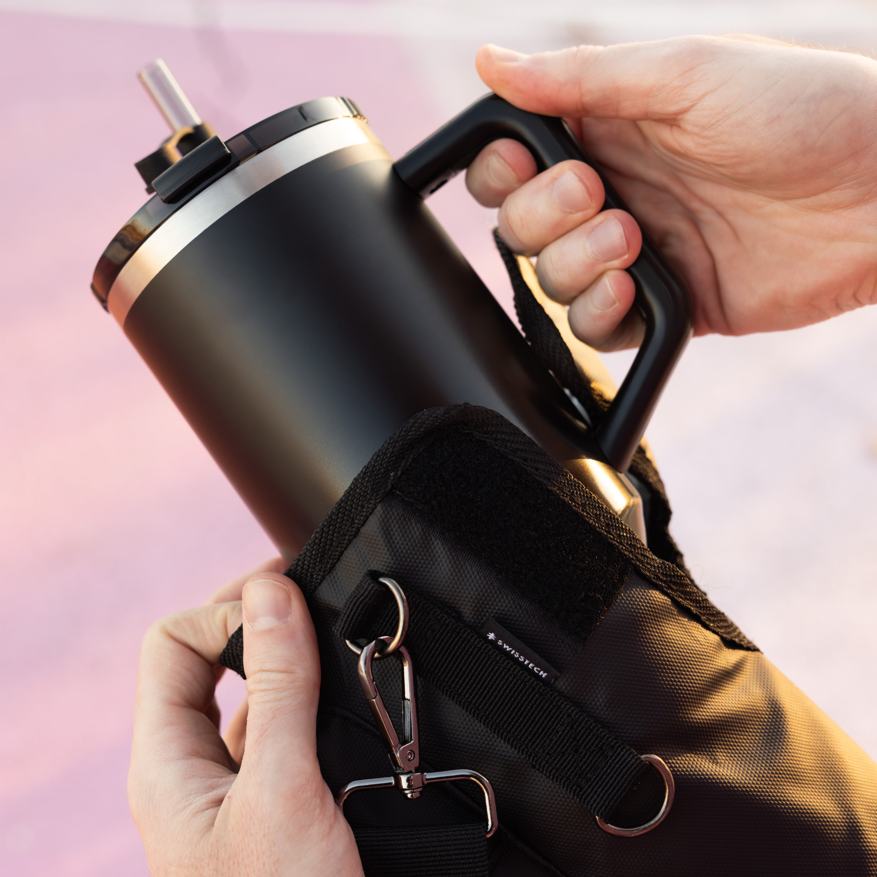 Swiss Tech Insulated Triple Walled Ceramic Coated, 40 oz Black Travel Tumbler, Black Carrier Bag