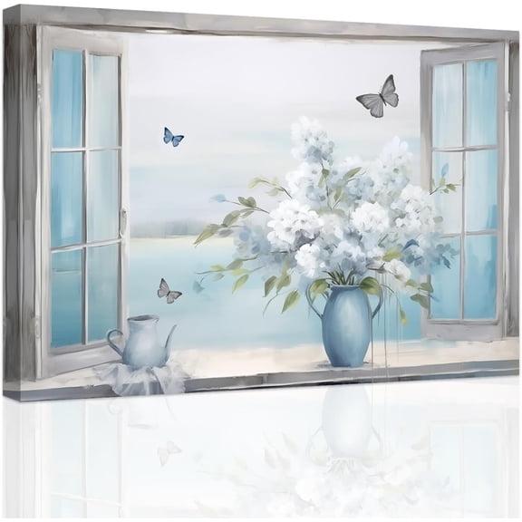 ZHONGYUTONG Window Wall Art and Pictures Ocean Wall Decor Aqua Blue Beach Flower Butterfly Canvas Print Coastal Artwork Farmhouse Bathroom Decor Framed (12.00" x 18.00")