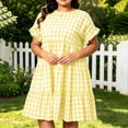 thumbnail image 6 of Guieoi Plus-Size Womens Dresses Plus Size Summer Checkered Pleated Short-Sleeve Round-Neck Casual A-Line Dress with Pockets Yellow XXXXXL, 6 of 9