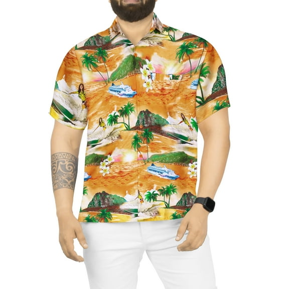 HAPPY BAY Men's Hawaiian Shirts Short Sleeve Button Down Shirt Men's Party Shirts Casual Vacation Summer Tropical Island Shirts for Men Funny M Beach Surf, Orange