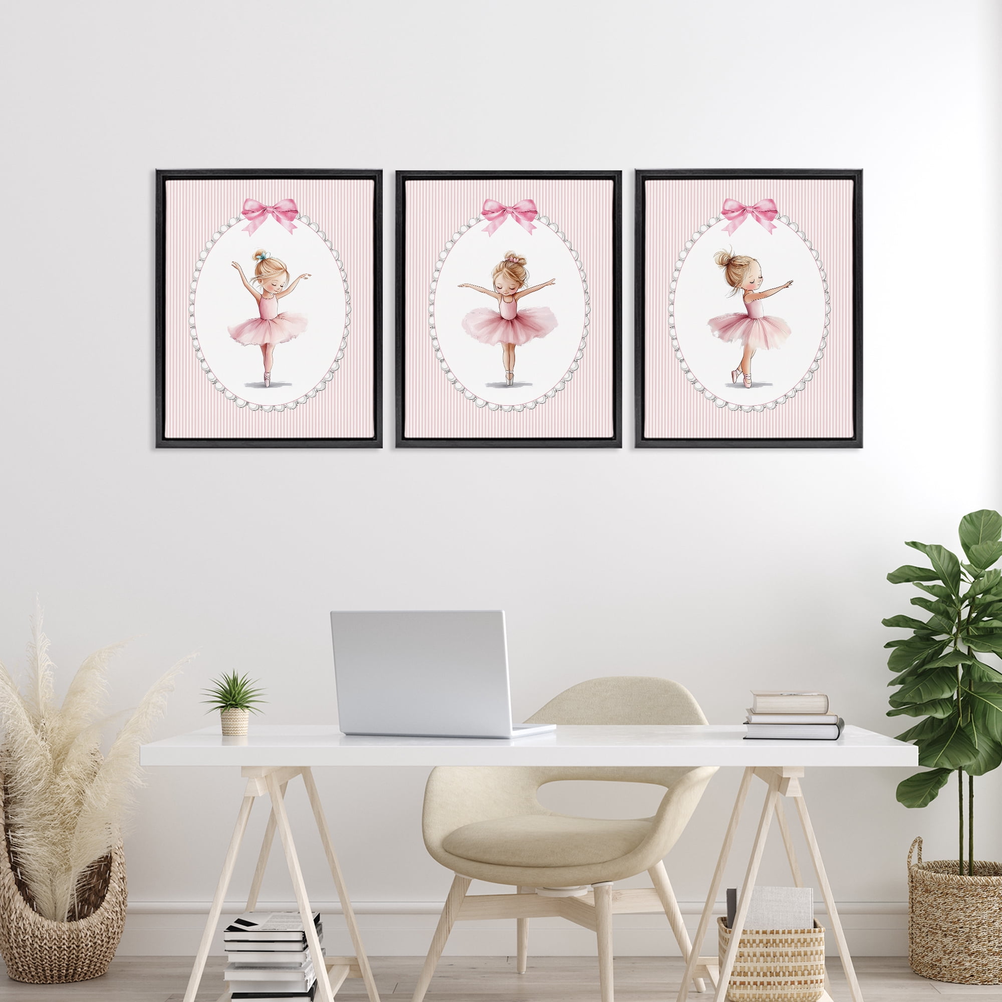 Stupell Industries Dancing Ballerinas in Pink 3 Piece Black Framed Floater Canvas Set, design by Christine Simpson Art