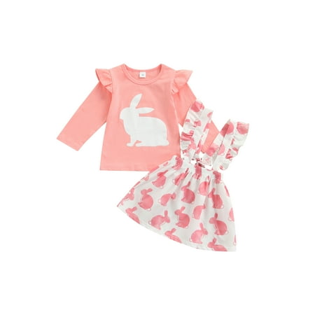 

Bebiullo 2Pcs Easter Kids Baby Girl Clothes Set Rabbit Print Long Sleeve Pullover Top + Suspender Skirt Outfit Pink 18-24 Months