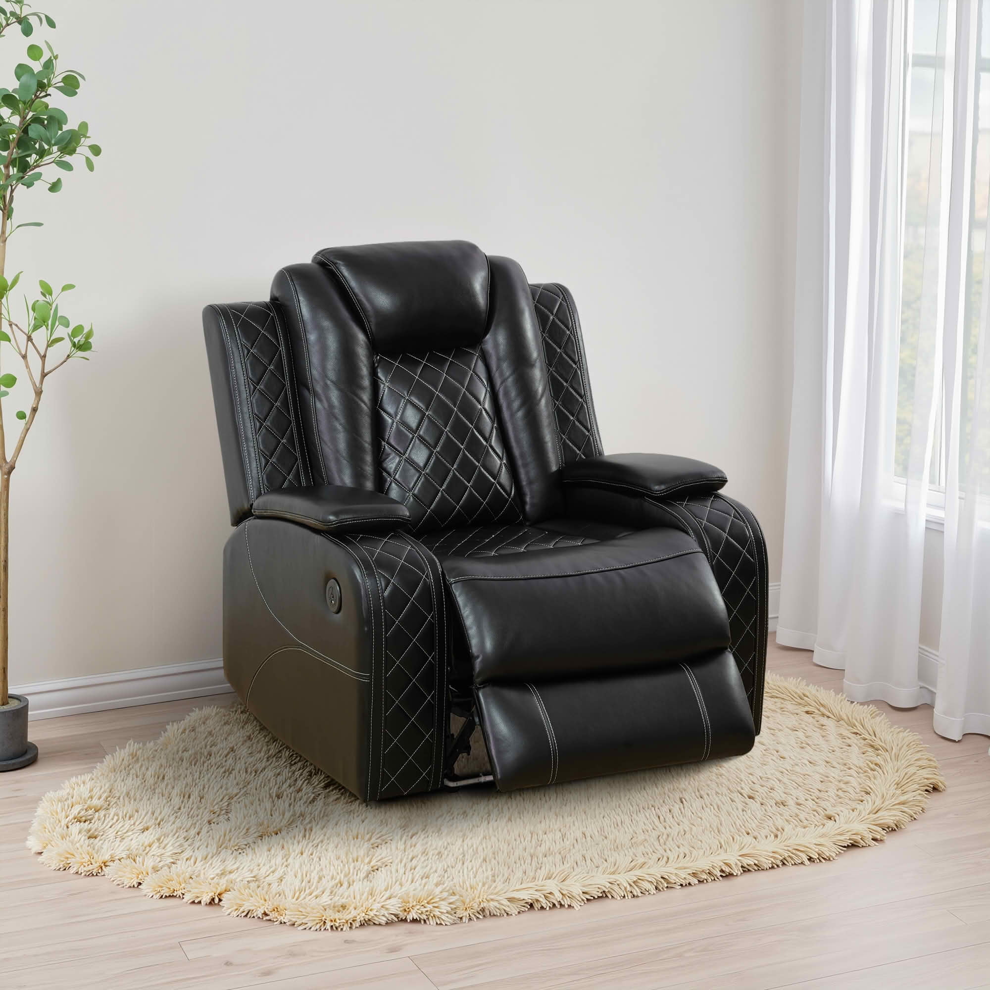 MAYEERTY 37.5 Inch Black Breathing Leather Recliner Sofa, Intelligent Functional Couch with USB & LED for Living Room