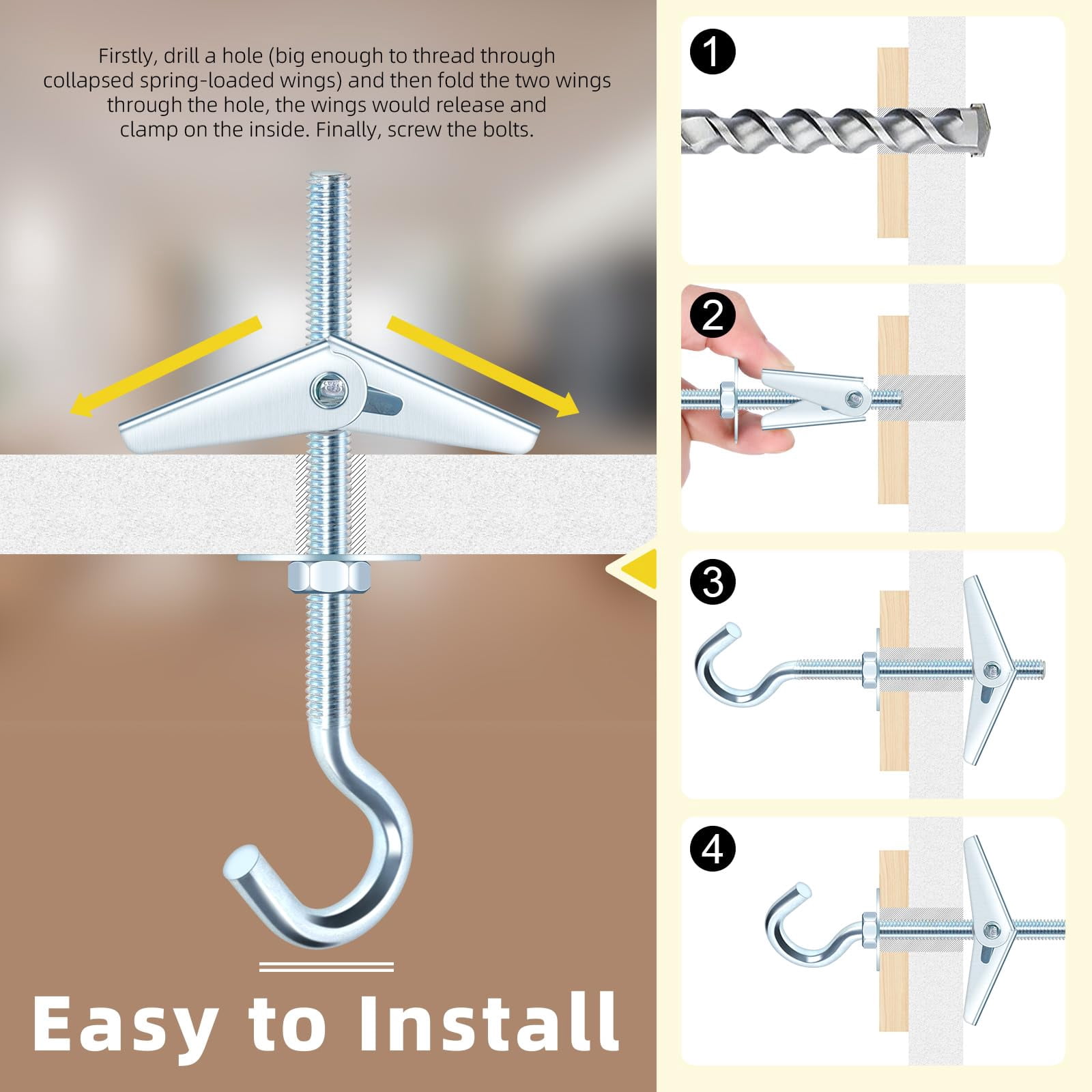 15Pcs M6 x 70mm Eye Bolt Toggle Bolt Assortment Kit, Spring Toggle Bolts Butterfly Anchors Butterfly Toggle Anchors, Heavy Duty Drywall Anchors with Wing Nut for Hanging Lamps Heavy Items