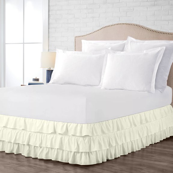 Twin Size Tailored Drop Multi Ruffled Solid Bed Skirt with Adjustable Elastic Belt Microfiber Fabric Fade & Wrinkle Resistant Bed Frame Cover Easy to Fit & Care (24 Inch Drop, Ivory)