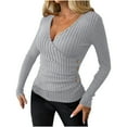 thumbnail image 3 of BiZtdJrK Women Wrap V Neck Shirts Ribbed Knit Button Side Long Sleeve Sweater Slim Fit Fall Fashion Tops Gray L, 3 of 7