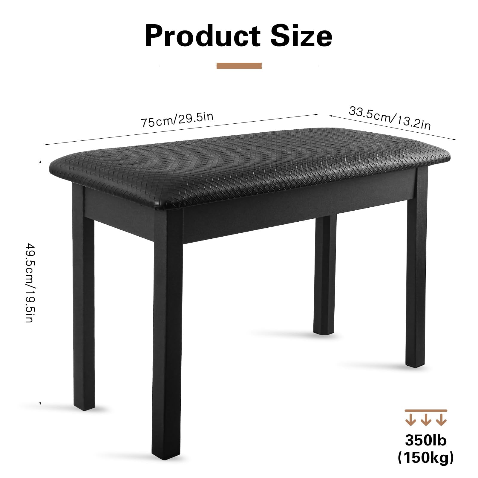 Duet Piano Bench With Storage For Music Books  Waterproof Synthetic Leather Padded Stool Oak Wood Keyboard Holds 350 Lbs Soft Cushioned Easy Assembly 29.5"x13.2"x19.5" Black