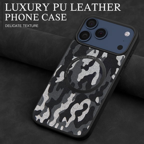 ELEHOLD For iPhone 17 Pro PU Leather Magnetic Case, Magnetic Wireless Charging Camouflage Texture Anti-Scratch Shock-Absorbent Anti-Fingerprint Cover,Black