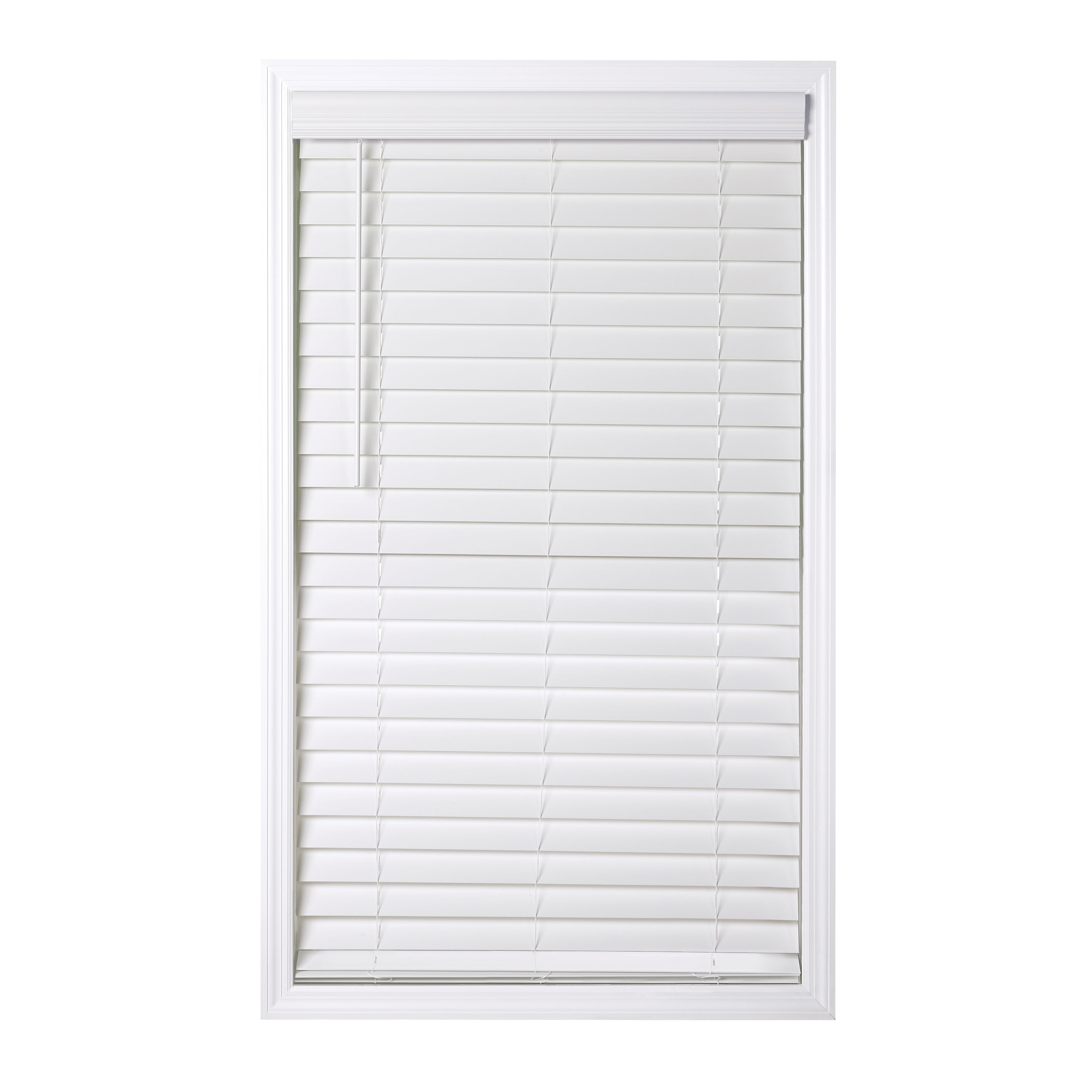 Coverscaped 2.5" Cordless Faux Wood Smooth White Blinds with 3.25" Crown Valance, 34.5" x 74"